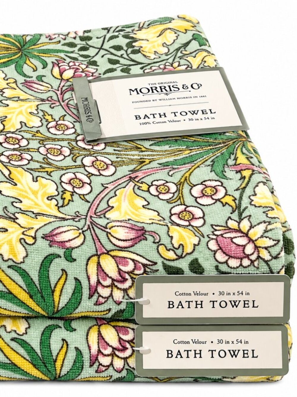 William Morris Set Of 2 Bath Towels Hyacinth Green Yellow Floral Cotton Velour
